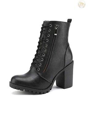 Women's Combat Ankle Booties Faux Leather Chunky Heel Lace Up Side Zip Boots